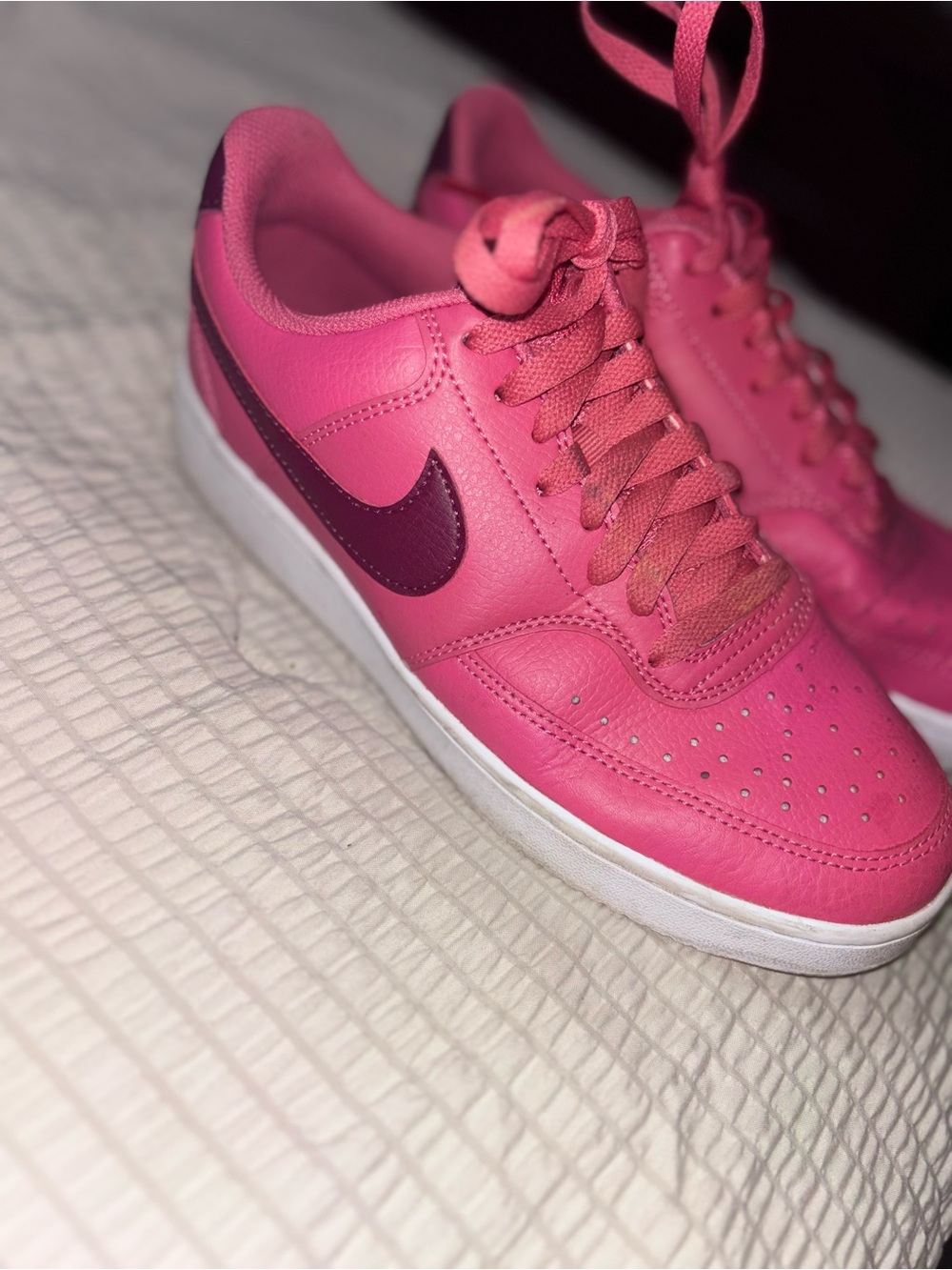 Nike Pink Low-Top Leather Sneakers with Dark Pink Swoosh